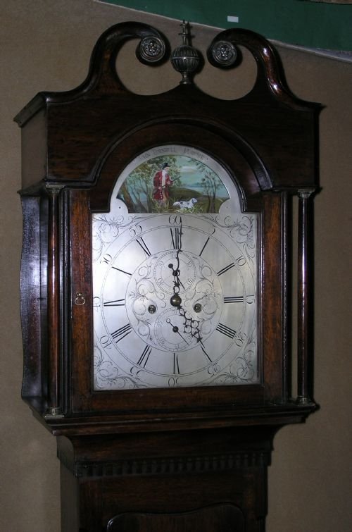 fig 1. 18th Cent Mahogany Silvered Dial 8 Day Longcase Clock